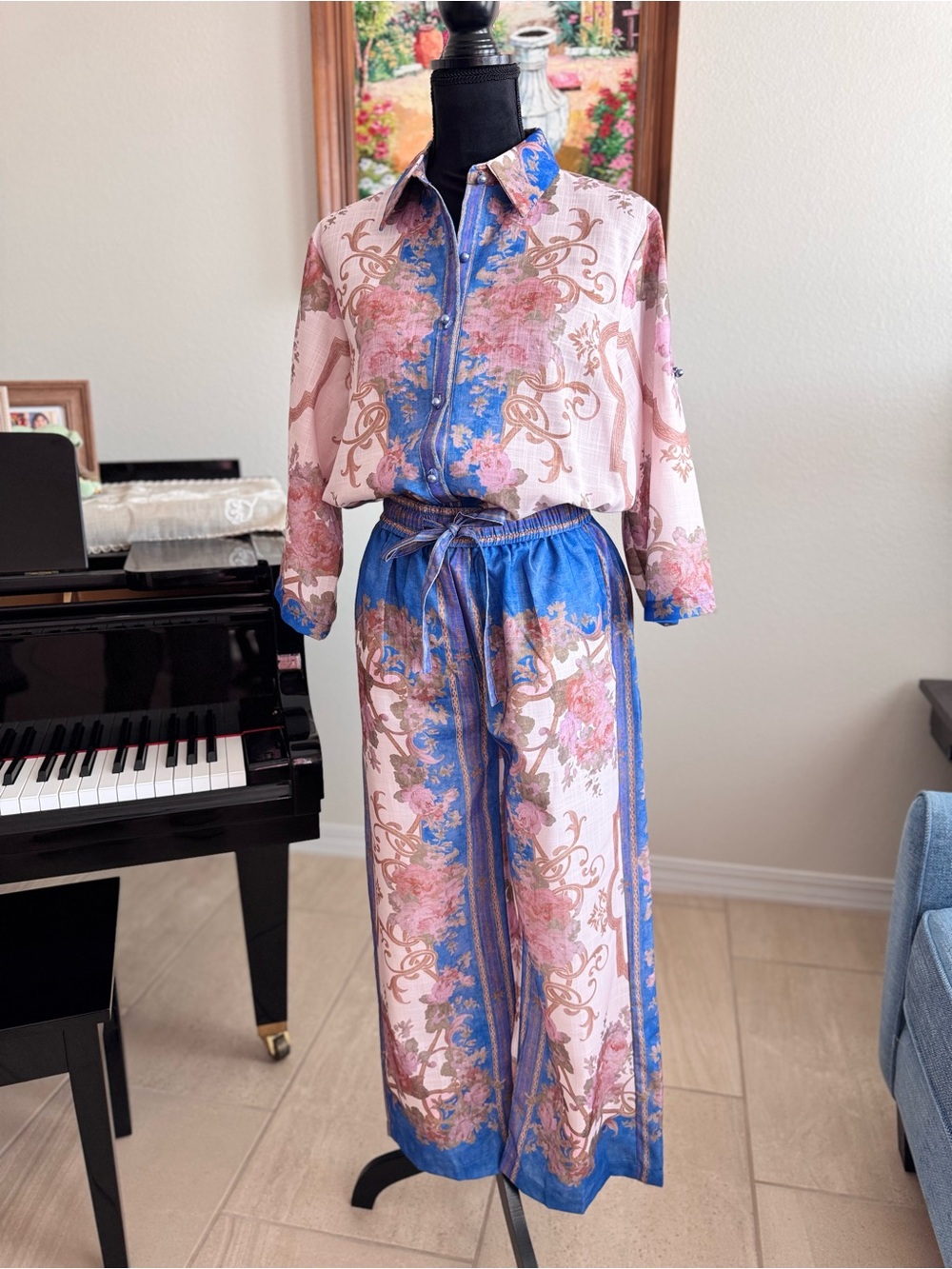 Women's Pink & Blue Printed Linen Jumpsuit - Picture 4 of 16